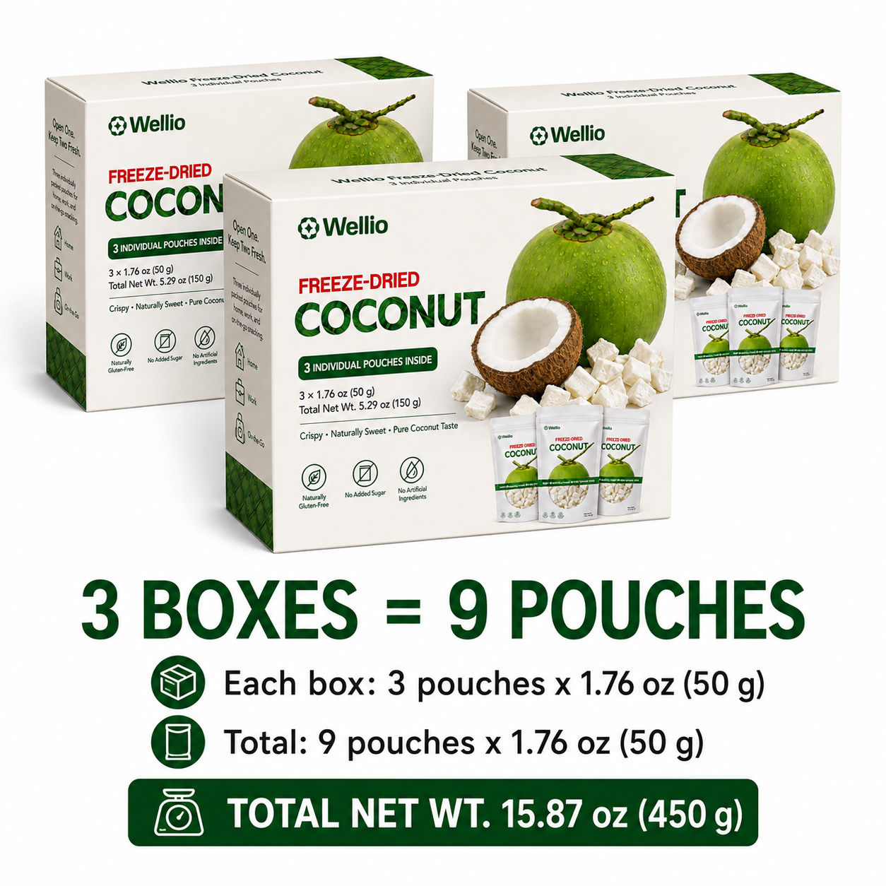 Premium Freeze-Dried Coconut – 3 Individually Packed Pouches (1.76 oz each)