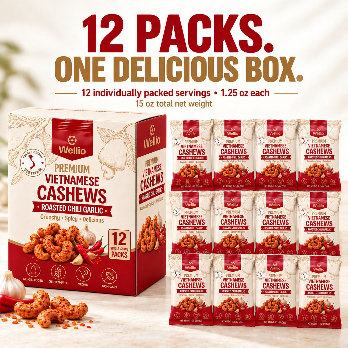 Wellio Vietnamese Chili Garlic Cashews box and single-serve pack