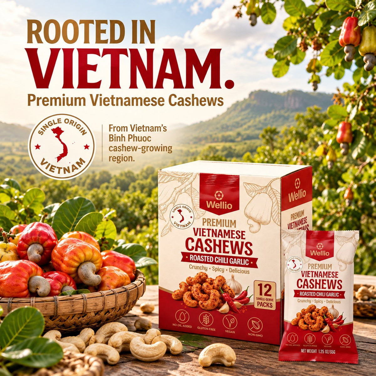Big flavor, no oil added - dry-roasted chili garlic cashews